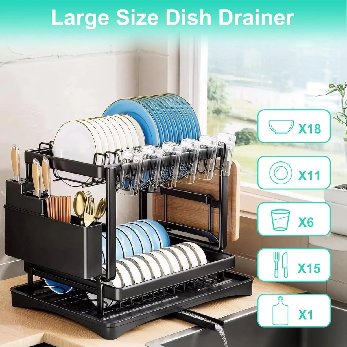 🎁Last day 49% OFF🔥2-Tier Carbon Steel Baking Paint Dish Drying Rack with Rapid Drainage System Sink Tray