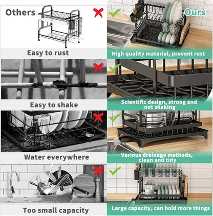 🎁Last day 49% OFF🔥2-Tier Carbon Steel Baking Paint Dish Drying Rack with Rapid Drainage System Sink Tray