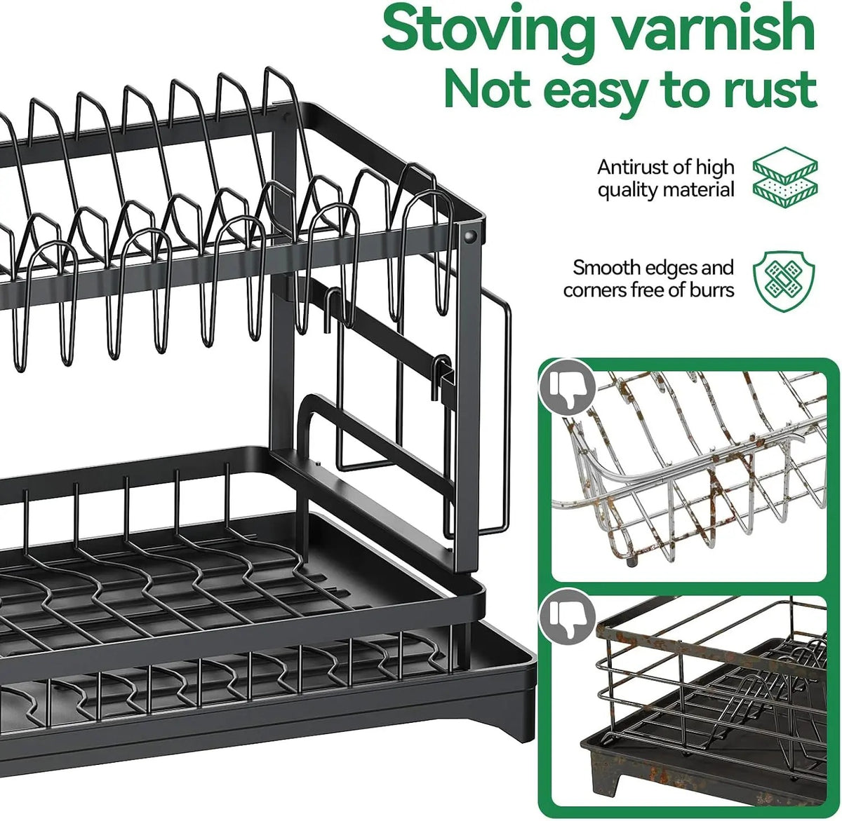 🎁Last day 49% OFF🔥2-Tier Carbon Steel Baking Paint Dish Drying Rack with Rapid Drainage System Sink Tray