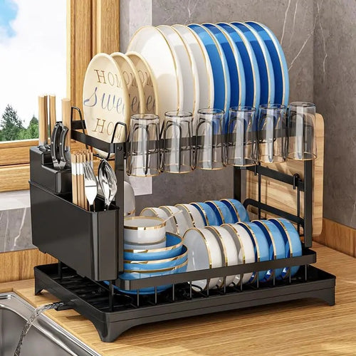 🎁Last day 49% OFF🔥2-Tier Carbon Steel Baking Paint Dish Drying Rack with Rapid Drainage System Sink Tray
