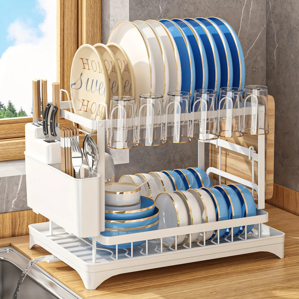 🎁Last day 49% OFF🔥2-Tier Carbon Steel Baking Paint Dish Drying Rack with Rapid Drainage System Sink Tray