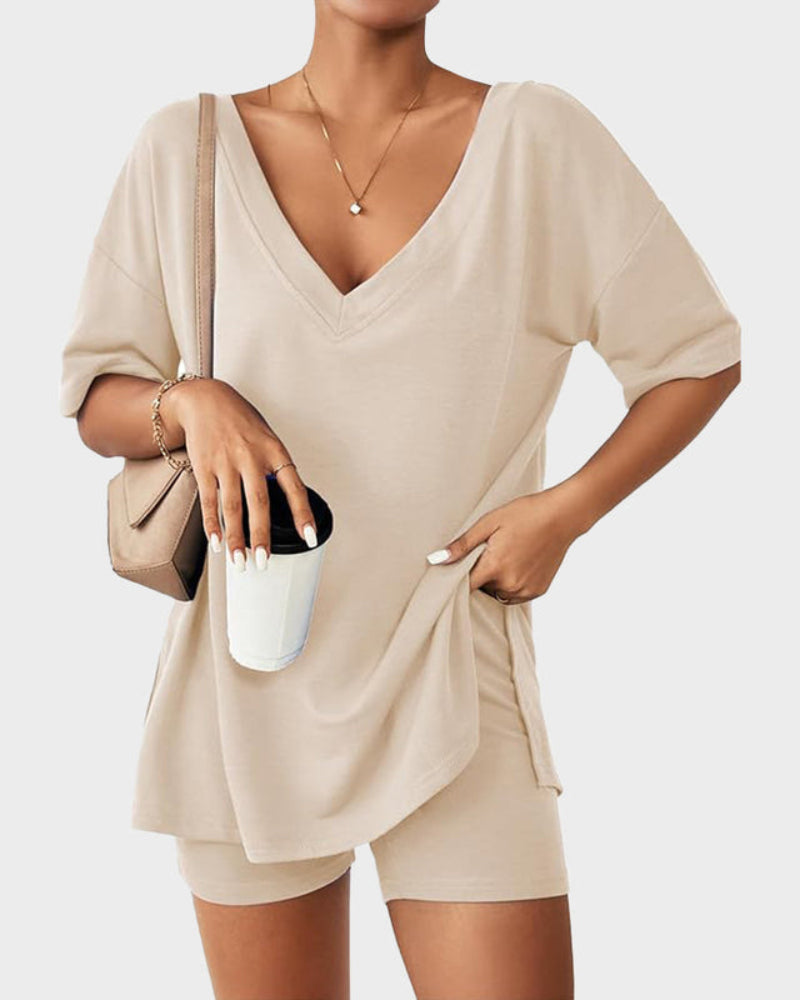 Casual 2-Piece Loungewear Set Oversized Split Hem Top & Fitted Shorts