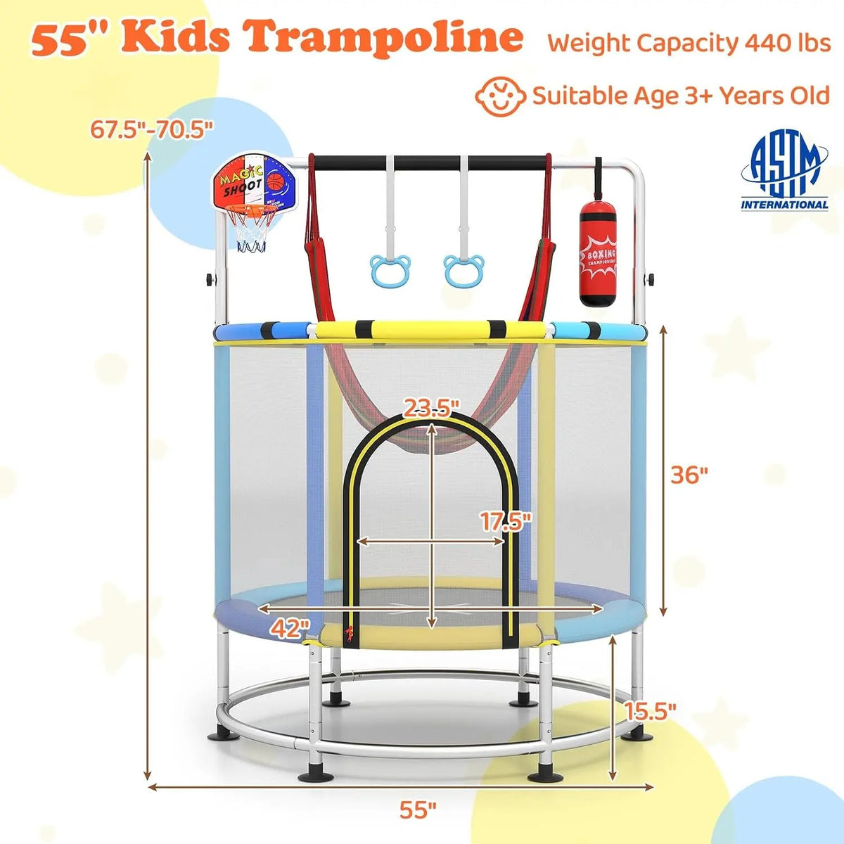 🎁Limited-Time Sale 49% OFF⏰️55'' Mini Kids Trampoline With Safety Enclosure Net, Outdoor Indoor Small Toddler