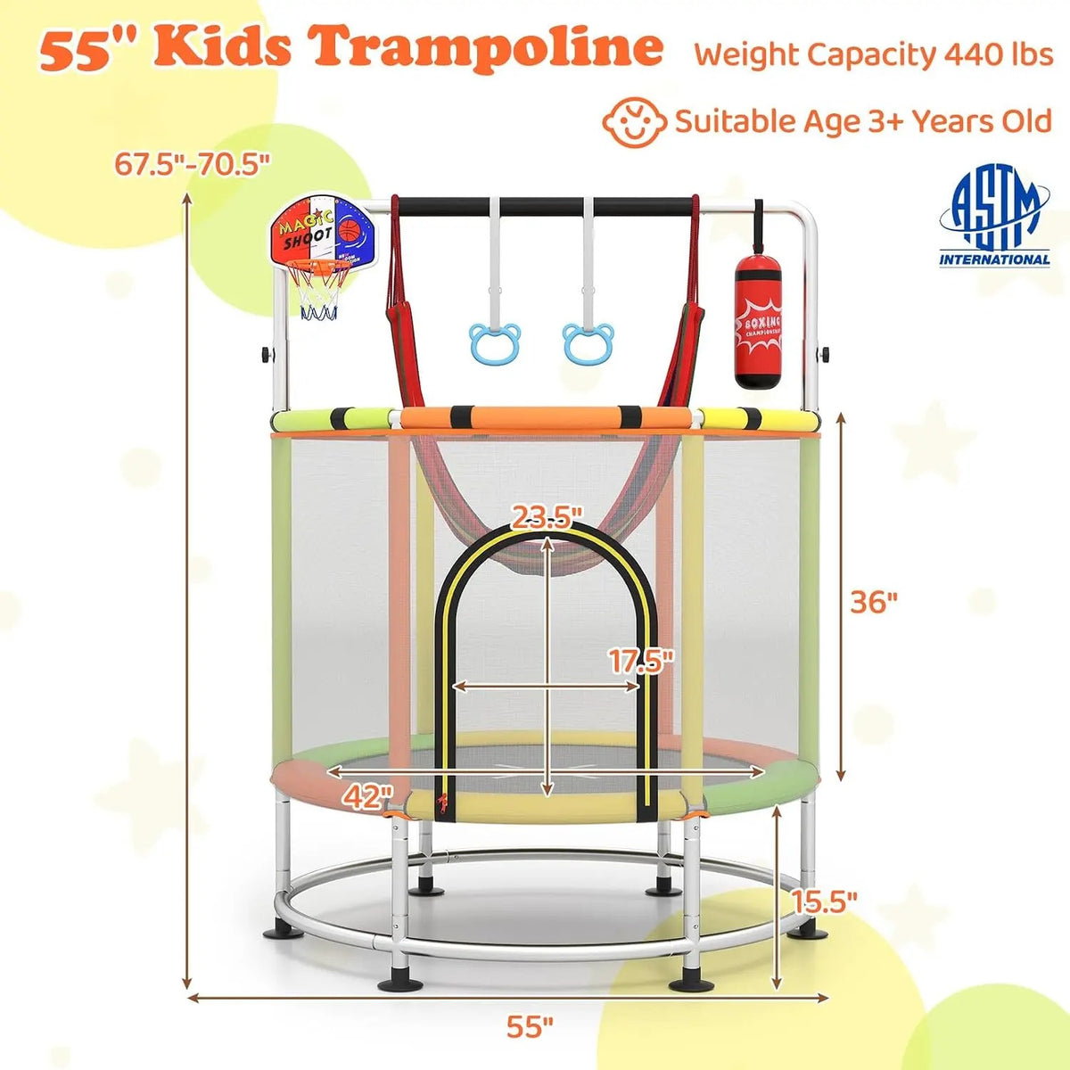 🎁Limited-Time Sale 49% OFF⏰️55'' Mini Kids Trampoline With Safety Enclosure Net, Outdoor Indoor Small Toddler