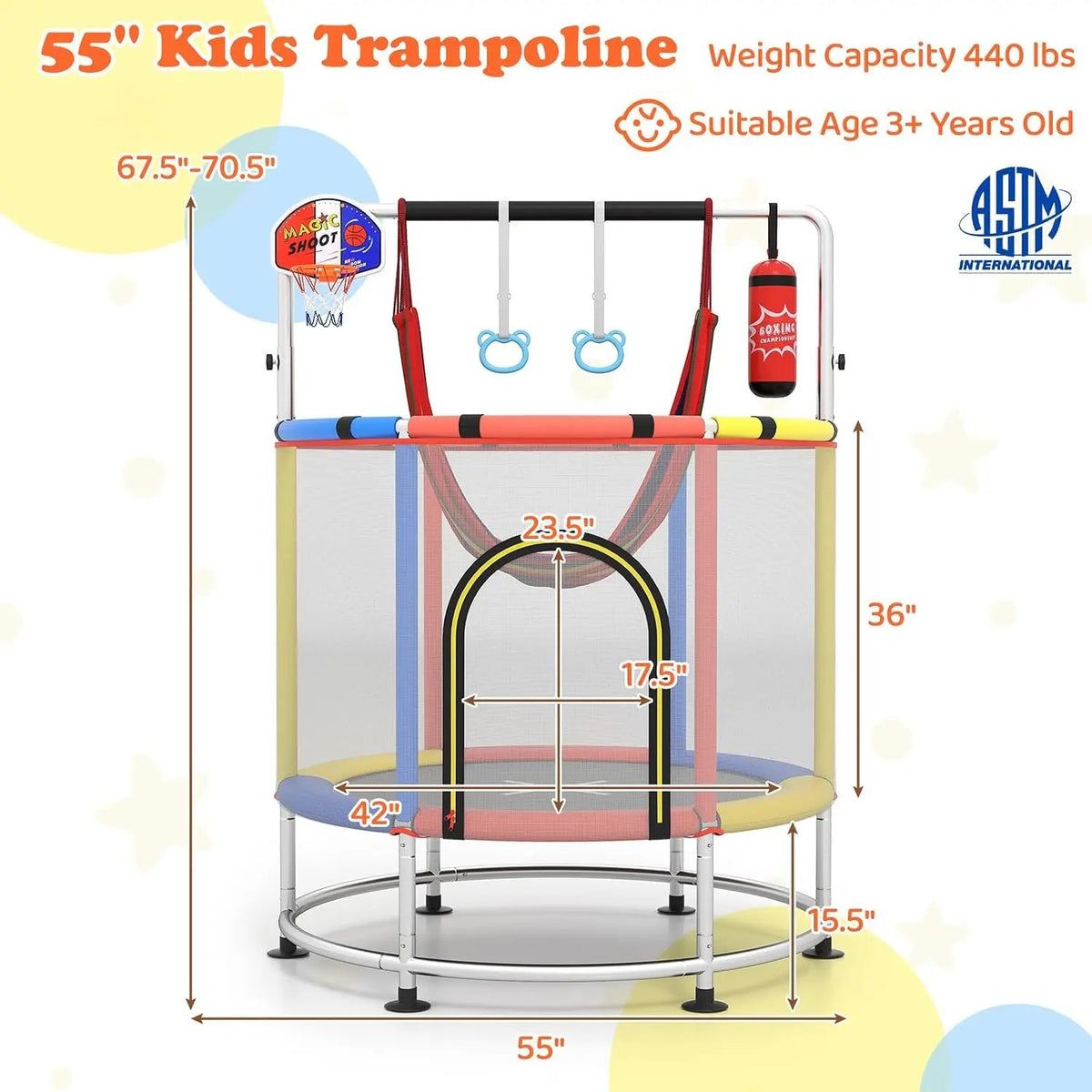 🎁Limited-Time Sale 49% OFF⏰️55'' Mini Kids Trampoline With Safety Enclosure Net, Outdoor Indoor Small Toddler
