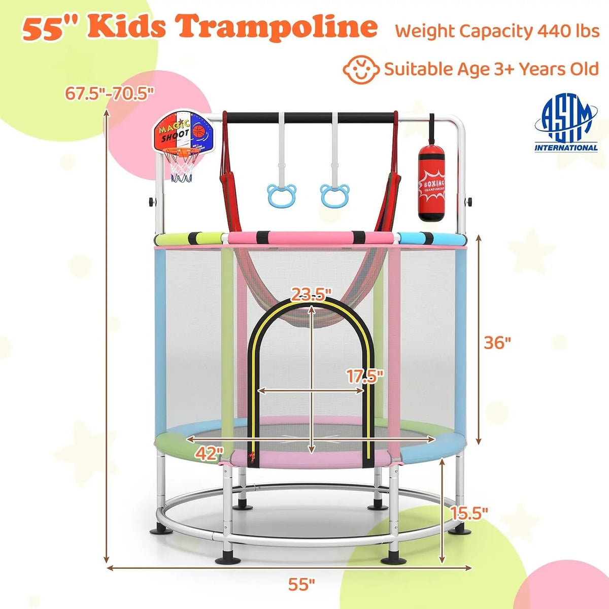 🎁Limited-Time Sale 49% OFF⏰️55'' Mini Kids Trampoline With Safety Enclosure Net, Outdoor Indoor Small Toddler