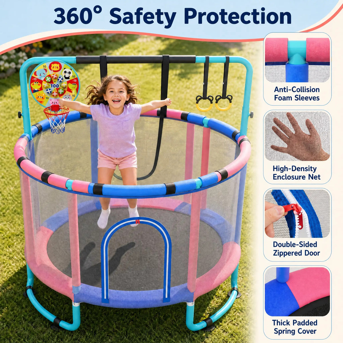 🎁Limited-Time Sale 49% OFF⏰️55'' Mini Kids Trampoline With Safety Enclosure Net, Outdoor Indoor Small Toddler