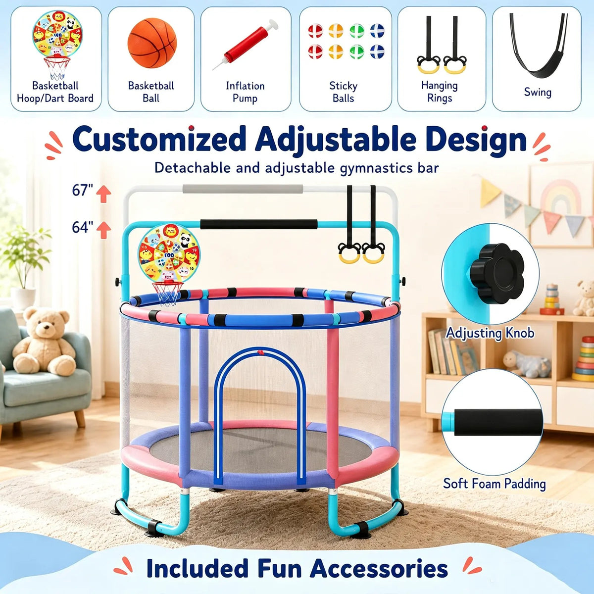 🎁Limited-Time Sale 49% OFF⏰️55'' Mini Kids Trampoline With Safety Enclosure Net, Outdoor Indoor Small Toddler