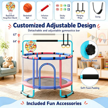 🎁Limited-Time Sale 49% OFF⏰️55'' Mini Kids Trampoline With Safety Enclosure Net, Outdoor Indoor Small Toddler