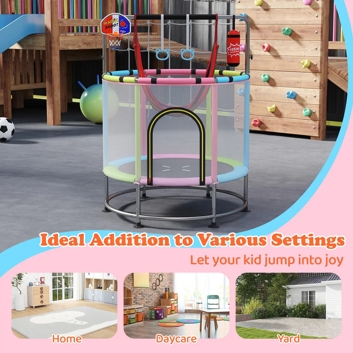 🎁Limited-Time Sale 49% OFF⏰️55'' Mini Kids Trampoline With Safety Enclosure Net, Outdoor Indoor Small Toddler