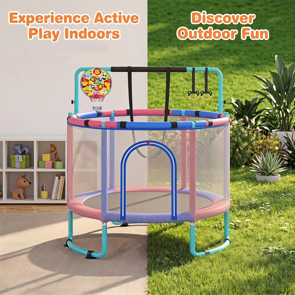 🎁Limited-Time Sale 49% OFF⏰️55'' Mini Kids Trampoline With Safety Enclosure Net, Outdoor Indoor Small Toddler