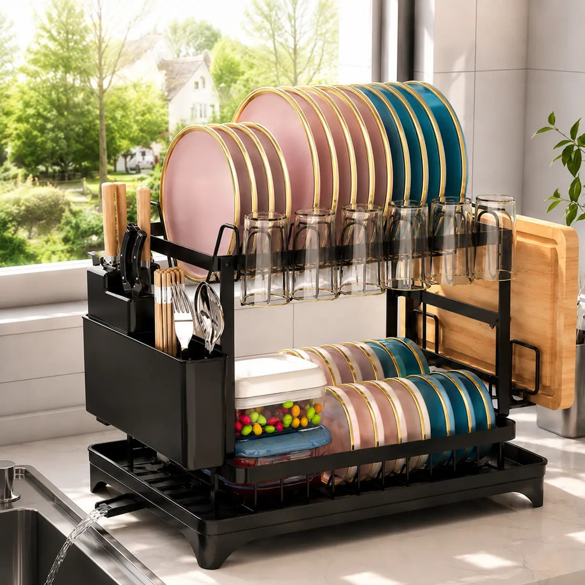 🎁Last day 49% OFF🔥2-Tier Carbon Steel Baking Paint Dish Drying Rack with Rapid Drainage System Sink Tray