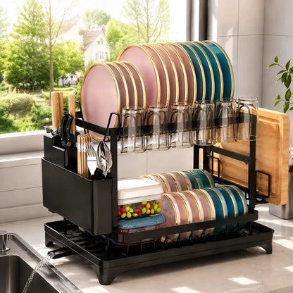 🎁Last day 49% OFF🔥2-Tier Carbon Steel Baking Paint Dish Drying Rack with Rapid Drainage System Sink Tray