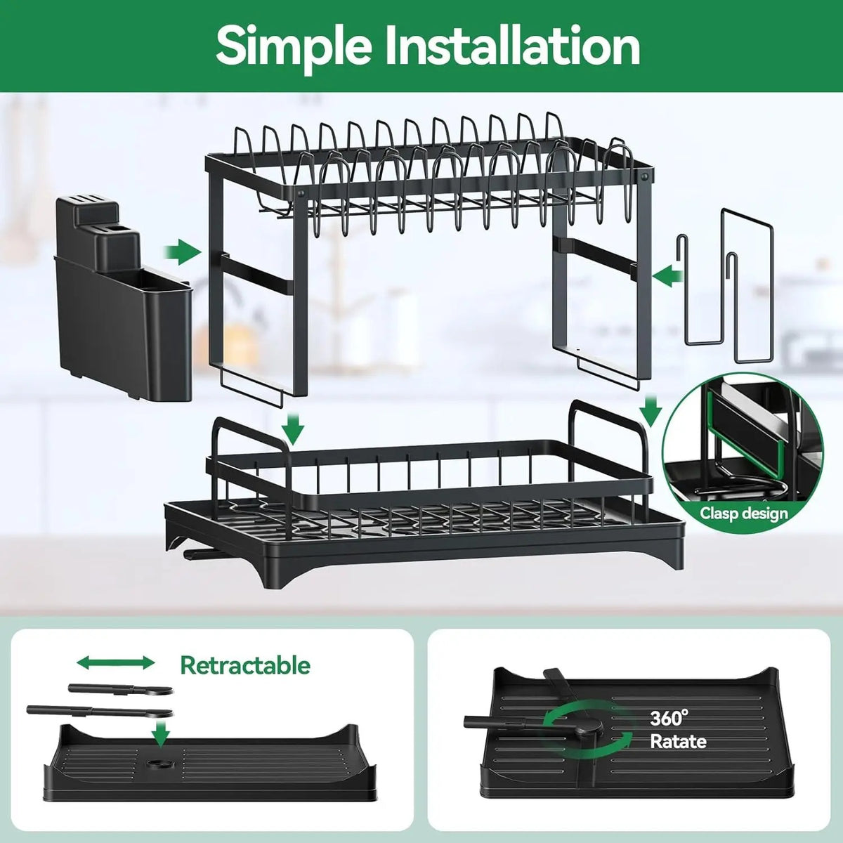 🎁Last day 49% OFF🔥2-Tier Carbon Steel Baking Paint Dish Drying Rack with Rapid Drainage System Sink Tray