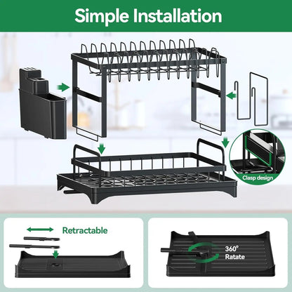 🎁Last day 49% OFF🔥2-Tier Carbon Steel Baking Paint Dish Drying Rack with Rapid Drainage System Sink Tray