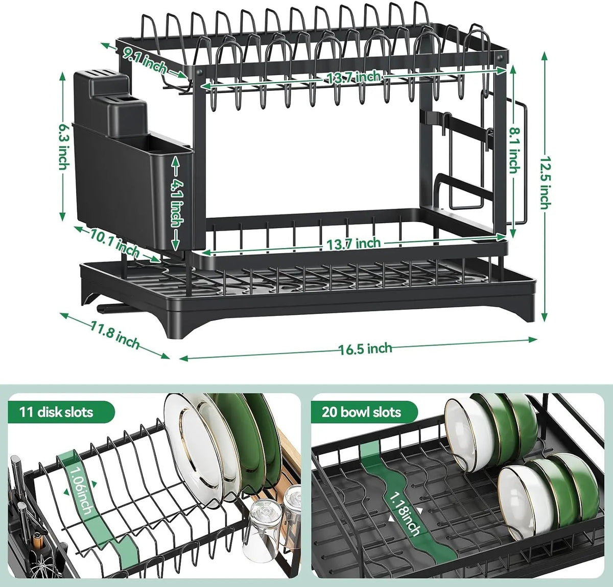 🎁Last day 49% OFF🔥2-Tier Carbon Steel Baking Paint Dish Drying Rack with Rapid Drainage System Sink Tray