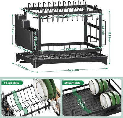 🎁Last day 49% OFF🔥2-Tier Carbon Steel Baking Paint Dish Drying Rack with Rapid Drainage System Sink Tray